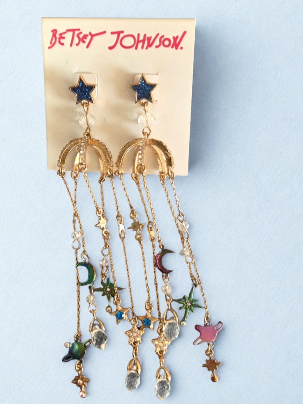 Betsey Johnson Gold Multicolor Star & Moon Dangle Earrings